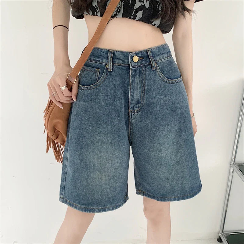 maoxiangshop Y2k Baggy Shorts Pants Women Summer Vintage Blue Wide Leg Denim Short Korean Fashion Casual Female Knee Length Jeans Mujer