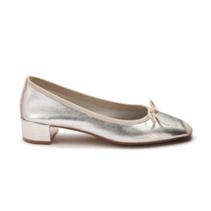 maoxiangshop - Fashion Elegant Silk Ballerinas Women Pumps Slip on Loafers Round Toe Square Heels Bowknot Casual Spring Autumn Shoes