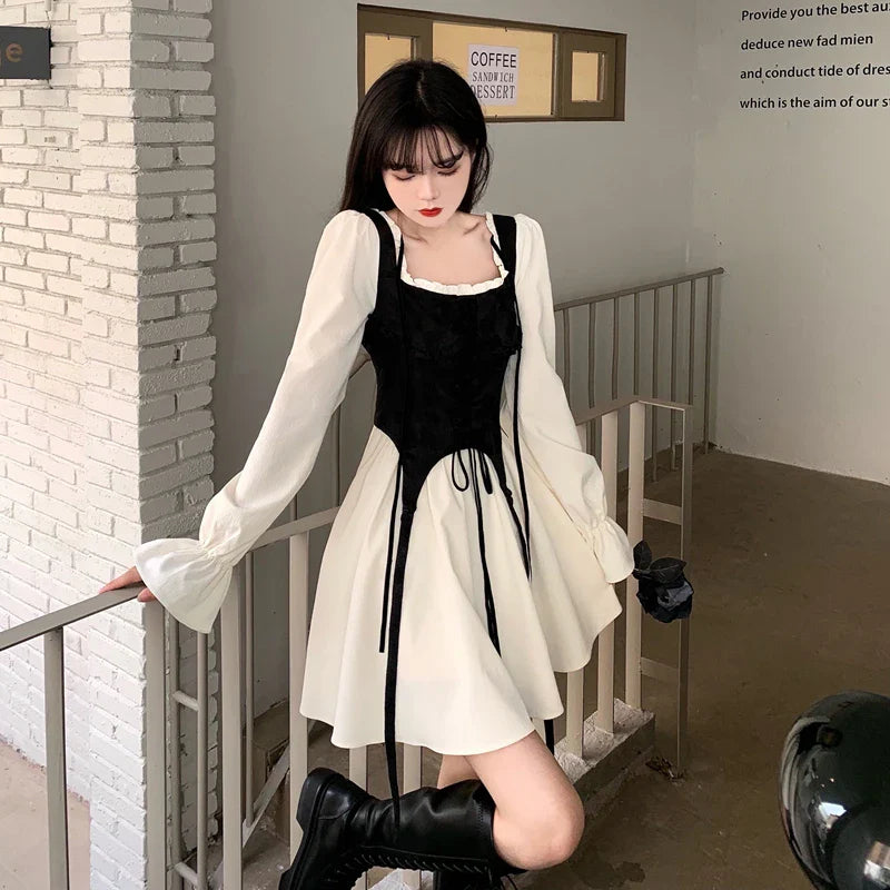 maoxiangshop Spring Autumn Vintage Patchwork Y2k Sweet Kawaii Party Dresses for Women Casual Lace Up Bow Harajuku Long Sleeve Club Mini Dress
