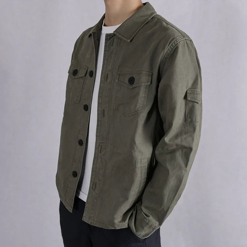 maoxiangshop 100% Cotton Tooling Japanese Jacket, New Coat Men's Long Sleeve Khaki Shirt, Casual Cotton Comfortable Thick Shirt camping
