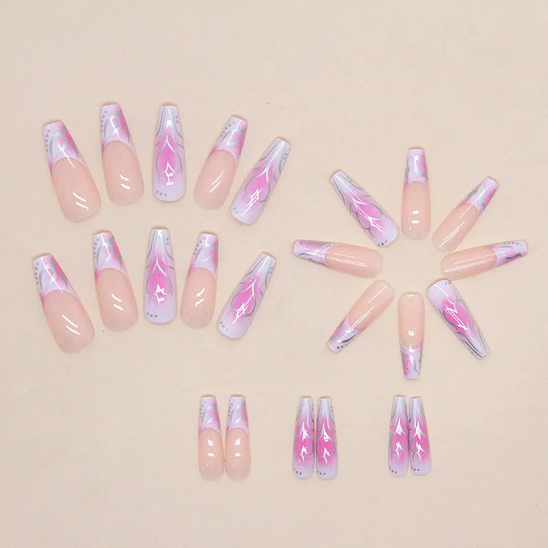 maoxiangshop 24Pcs Long Ballet False Nails Long French Fake Nails with Heart Designs Wearable Coffin Press on Nails Full Cover Nail Tips