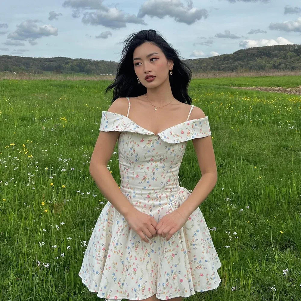 Fashion Summer Dresses Floral Print Party Dresses Off The Shoulder Holiday Dress Elegant A Line Women Clothing