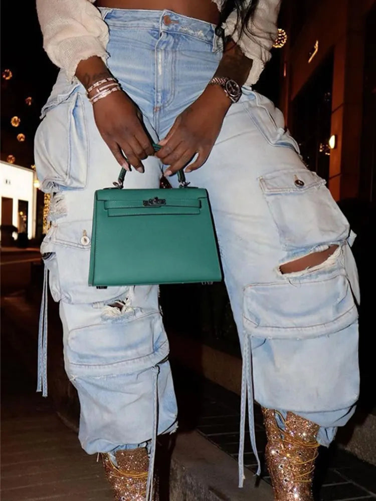 maoxiangshopY2K Women Korean Vintage Streetwear Baggy Ripped Jeans High Waiste Straight Wide Leg Pants Cargo Denim Trousers Grunge Clothes