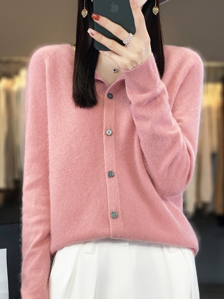 maoxiangshop Aliselect Long Sleeve Women Knitwear Cashmere Knit 100% Pure Merino Wool Spring Autume O-Neck Top Cardigan Sweater Clthing Coat