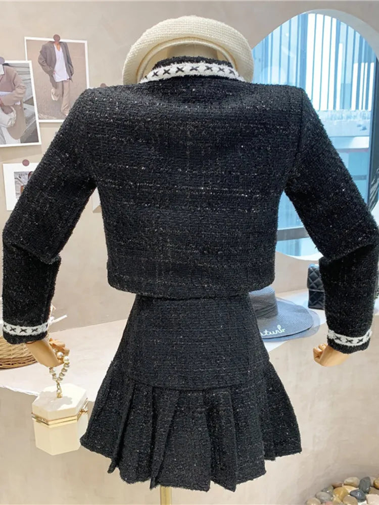 Fashion Small Fragrance Tweed Two Piece Set Women Crop Top Bow Short Jacket Coat + Pleated Skirt Suits Vintage 2 Piece Sets