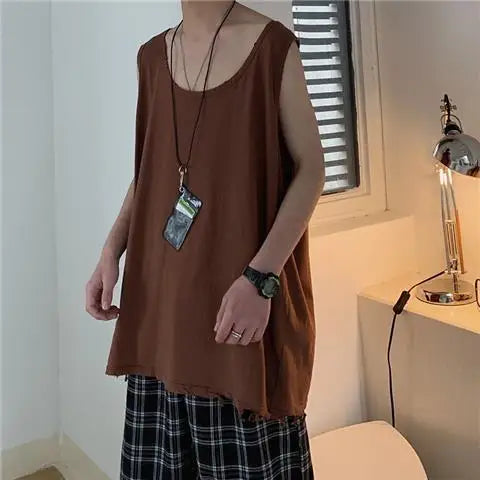 maoxiangshop Hip Hop Streetwear Men Retro Old Vest Harajuku Multicolors Oversized Tank Tops Summer Sleeveless T-shirt Solid Color Tees