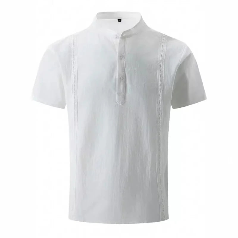 maoxiangshop 2024 Summer New Men's Short Sleeve Henri Collar Solid Color Cuban Guayabera Cotton Shirt Fashion Trend Beach Men's Top