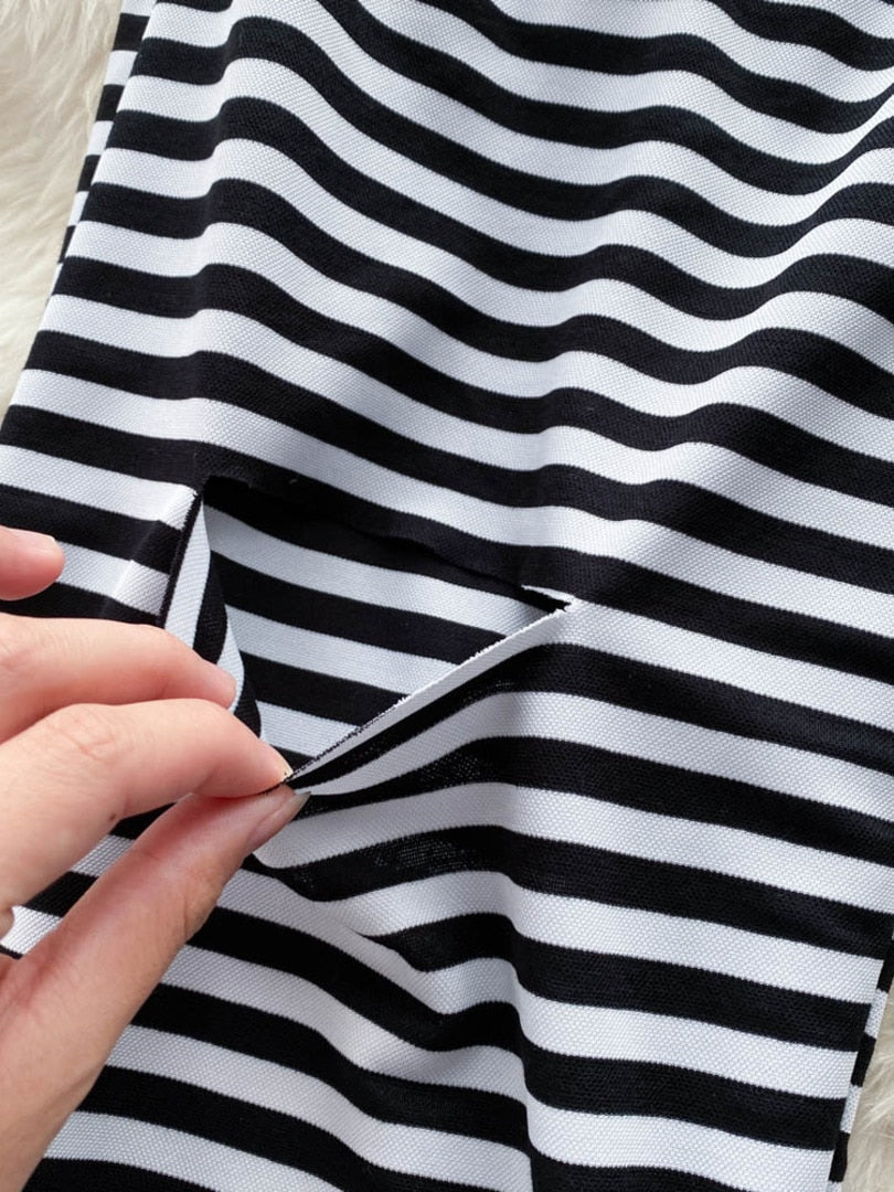 maoxiangshop White and Black Striped Long Pants Women New Retro Style Lace-up Elastic Waist Hole Wide Leg Casual Full Length Trousers
