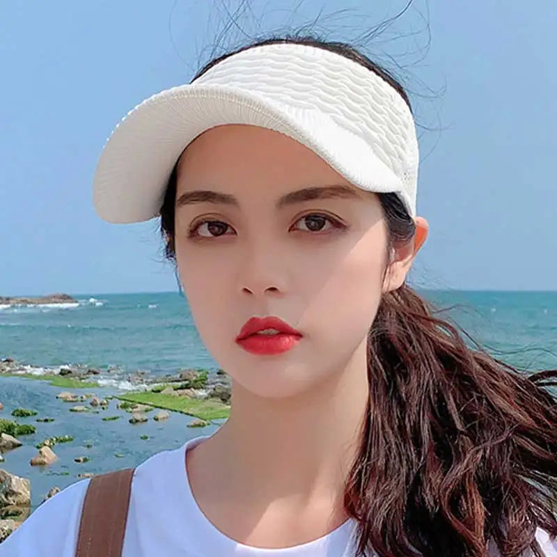 maoxiangshop Fashion Folds Design Women Empty Top Hat Summer Solid Color Large Brim Sunscreen Hat Outdoor Elastic Fabric Sports Sun Cap