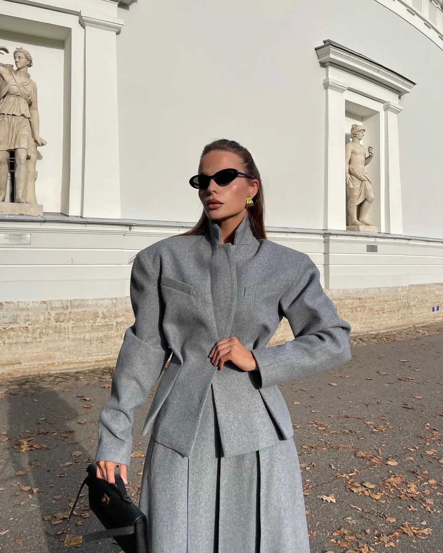maoxiangshop - 2024 Autumn New Grey Pleated Skirt Set For Women Solid Lapel Collar Blazers High Waist Skirts 2 Pieces Set Lady Party Club Suit