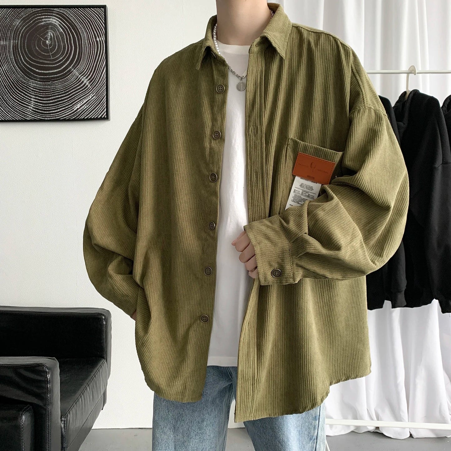 maoxiangshop Men Corduroy Shirts Harajuku Korean Loose Style Long Sleeve Vintage Streetwear Overshirt M-3XL