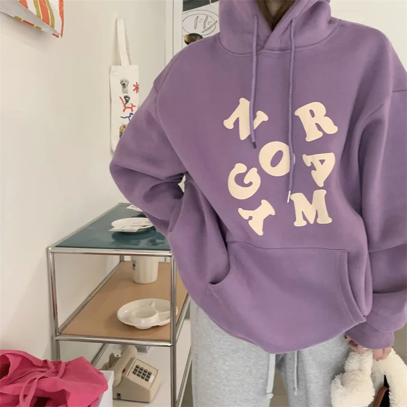 maoxiangshop Korean Autumn Winter Letter Print Hoodie Women Casual Long Sleeve Pullover Tops Hood Shirt Harajuku Oversize Sweatshirt Y2k 후드티