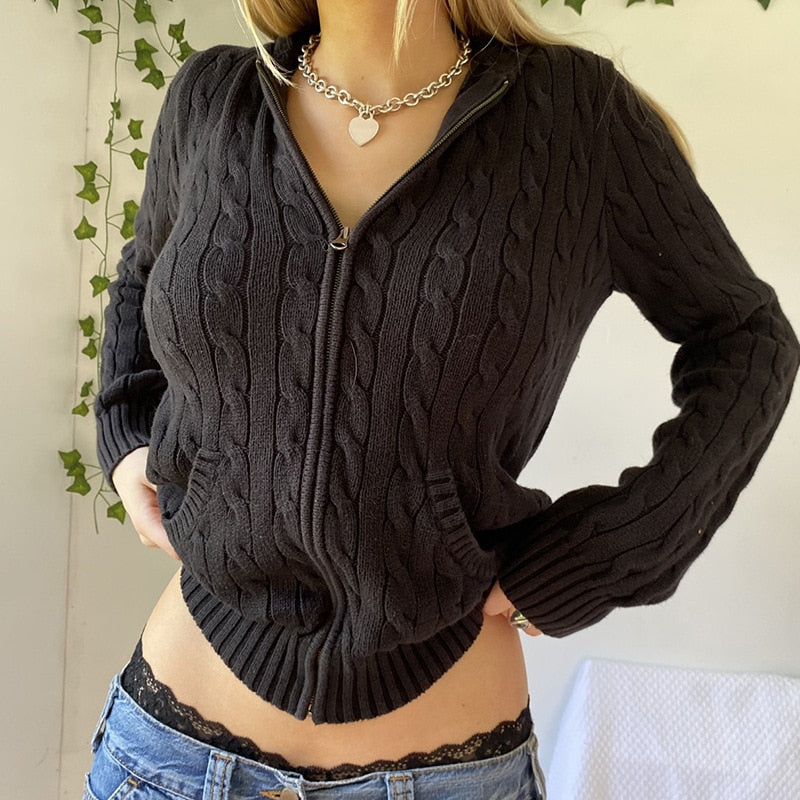 Vintage Brown Y2K Hooded Sweaters Women Autumn Winter Lantern Sleeve Zip Up Jacket Cardigan Knitted Hoodies Cropped Cardigan