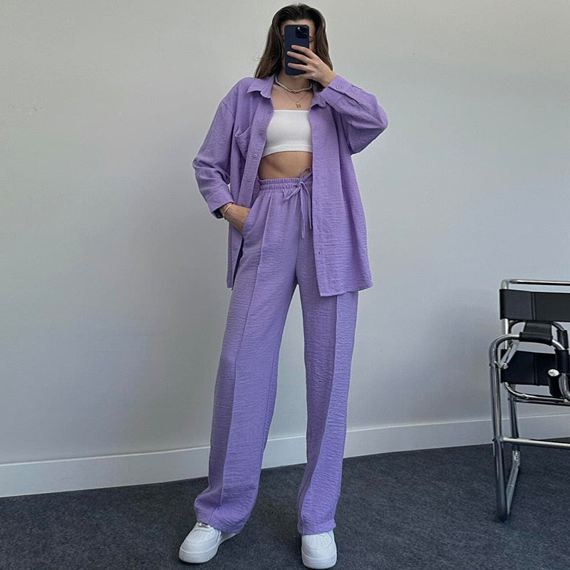 maoxiangshop New Womans Suit Autumn Sleepwear Two-piece Women's Homewear Long Sleeve Cropped Button Shirt + Wide Leg Pants Suit Ladies