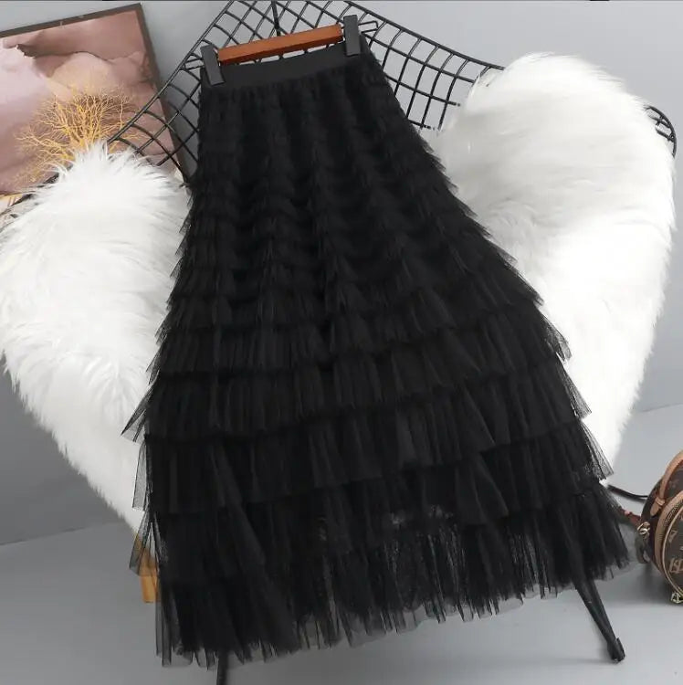 maoxiangshop 2024 New Spring Summer Women High Waist Slim Long Skirt High Quality Lolita Style Sweet Multilayered Mesh Patchwork Cake Skirt