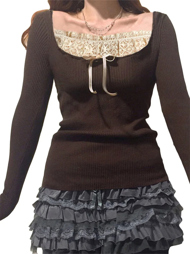 maoxiangshop Y2k Women's Long Sleeve Knitted Tops Lace Stitching Neckline Knitwear Bowknot Decoration Slim-Fit Tshirt Pullovers Clubwear