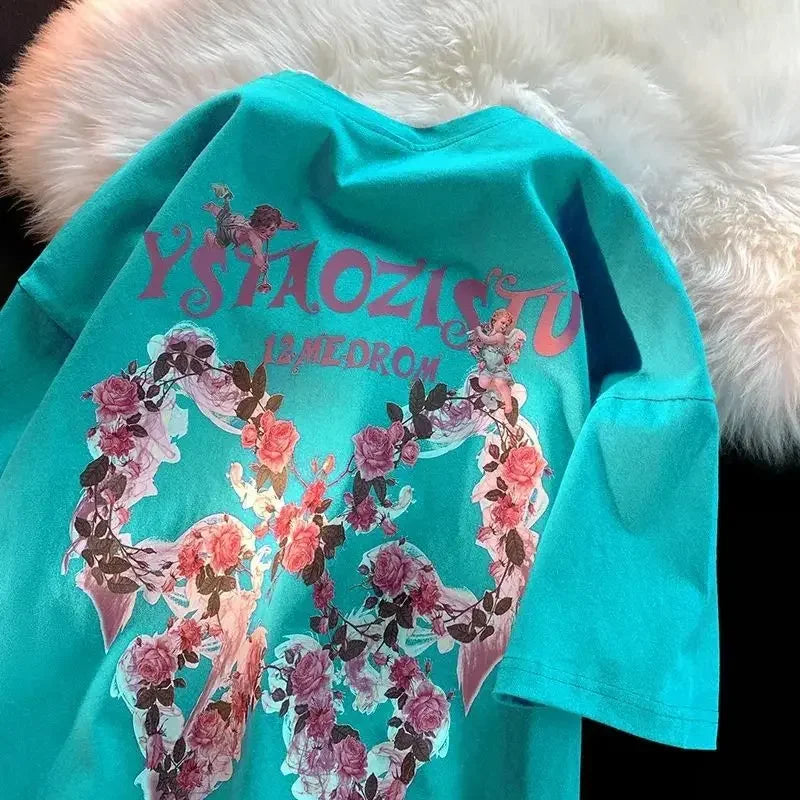 maoxiangshopAmerican Style Retro Loose Rose Butterfly Angel Printing Short Sleeve T-shirt for Men and Women Lovers Summer Loose Casual Top