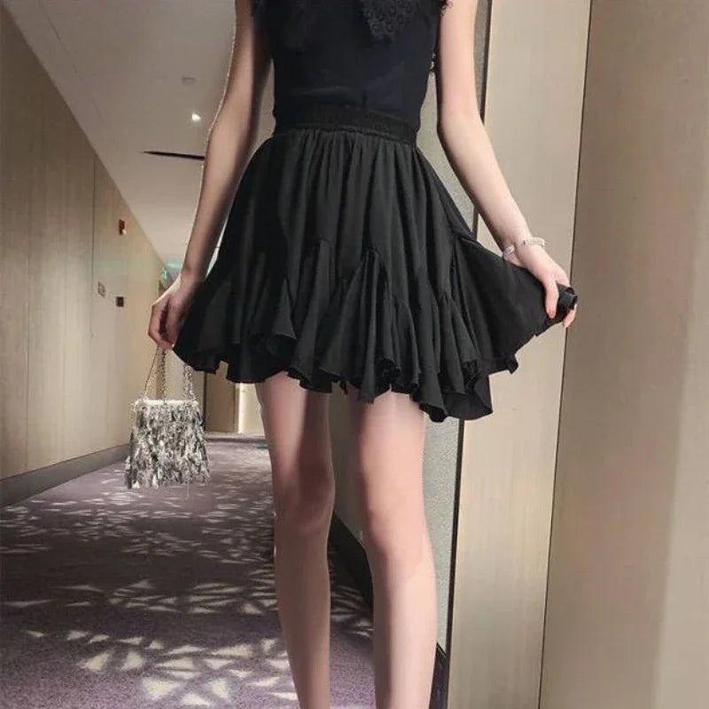 maoxiangshop Kawaii Ruffles Mini Skirt Women Korean Style White High Waist A-line Patchwork Lace-up Cute Pleated Skirt Shorts Summer
