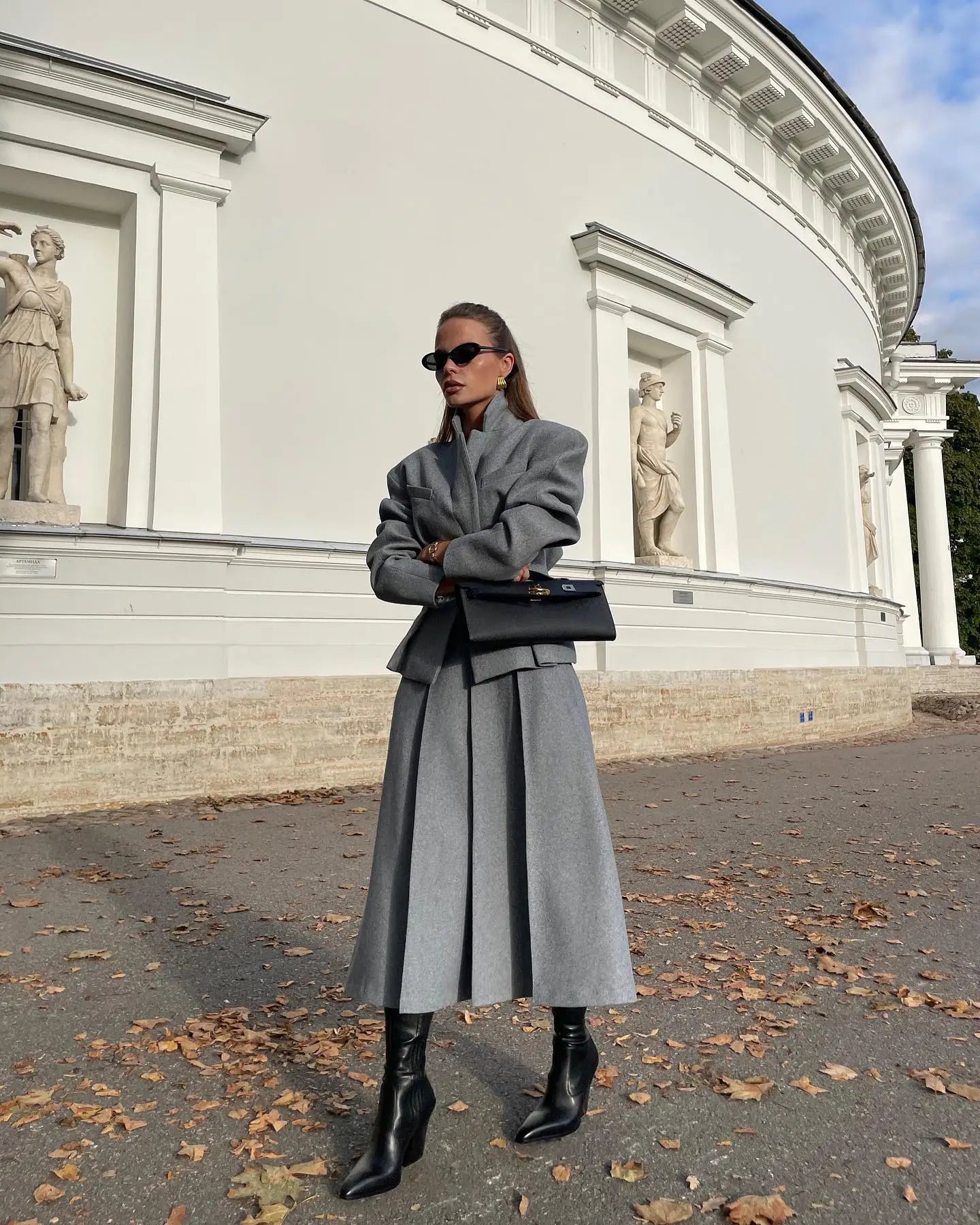 maoxiangshop - 2024 Autumn New Grey Pleated Skirt Set For Women Solid Lapel Collar Blazers High Waist Skirts 2 Pieces Set Lady Party Club Suit
