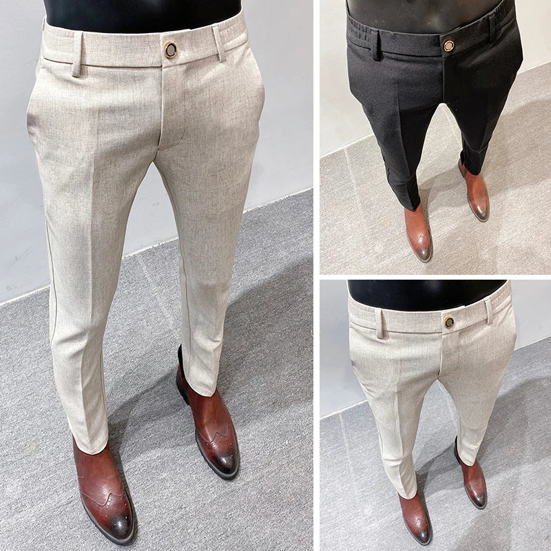 maoxiangshop Men's High Quality Linen Suit Trousers Male Slim Fit Solid Color Business Casual Pants Formal Office Social Trouser Plus Size 38