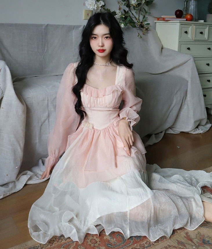 maoxiangshop New High Waisted French Style Long Sleeve Elegant Dresses Chic A Line Casual Dress Chiffon Long Dress for Women