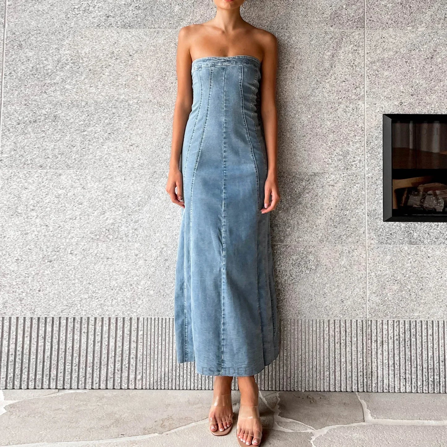 maoxiangshop - Side Slit Denim Bodycon Dress For Women Slim Sleeveless Maxi Dresses Women's Street Sexy Streetwear Woman Autumn New