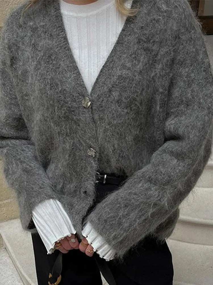 maoxiangshop - Casual Knitted Solid V-neck Cardigan Women Retro Loose Plush Single Breasted Sweaters Female Autumn Winter Elegant Knitwear
