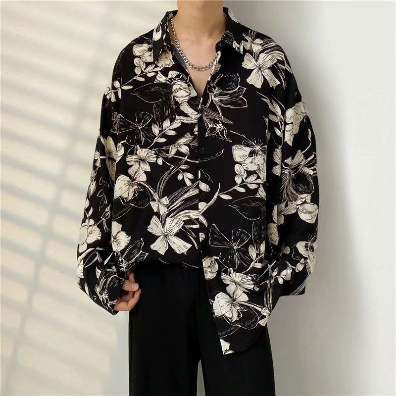 maoxiangshop Men's Clothing Turn-down Collar Handsome Long Sleeve Button Spring Summer Thin Man Printing Loose Streetwear Casual Korean