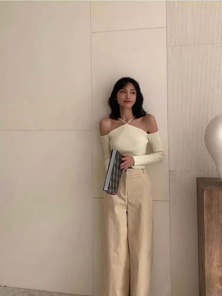 maoxiangshop - Design Sense Off Shoulder Top For Women's Spring And Autumn Niche Slim Fit One Shoulder Hanging Neck Knitted Top