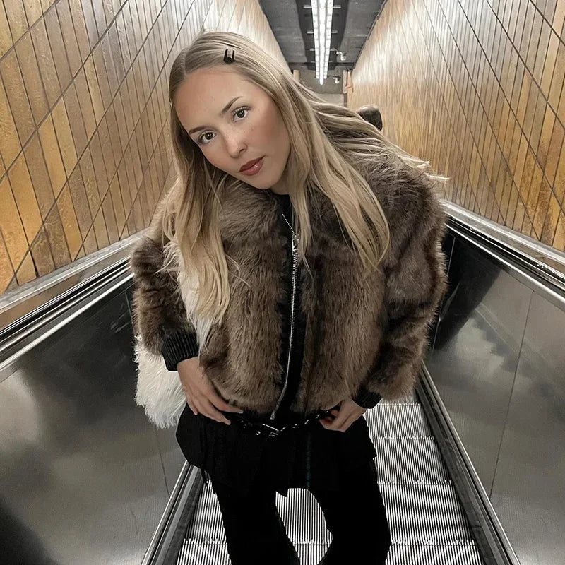 maoxiangshop - Elegant Faux Fur Zipper Coat Women Thicken Solid Full Sleeve Short Jacket Female 2024 Autumn Winter Fashion Slim Coat Lady