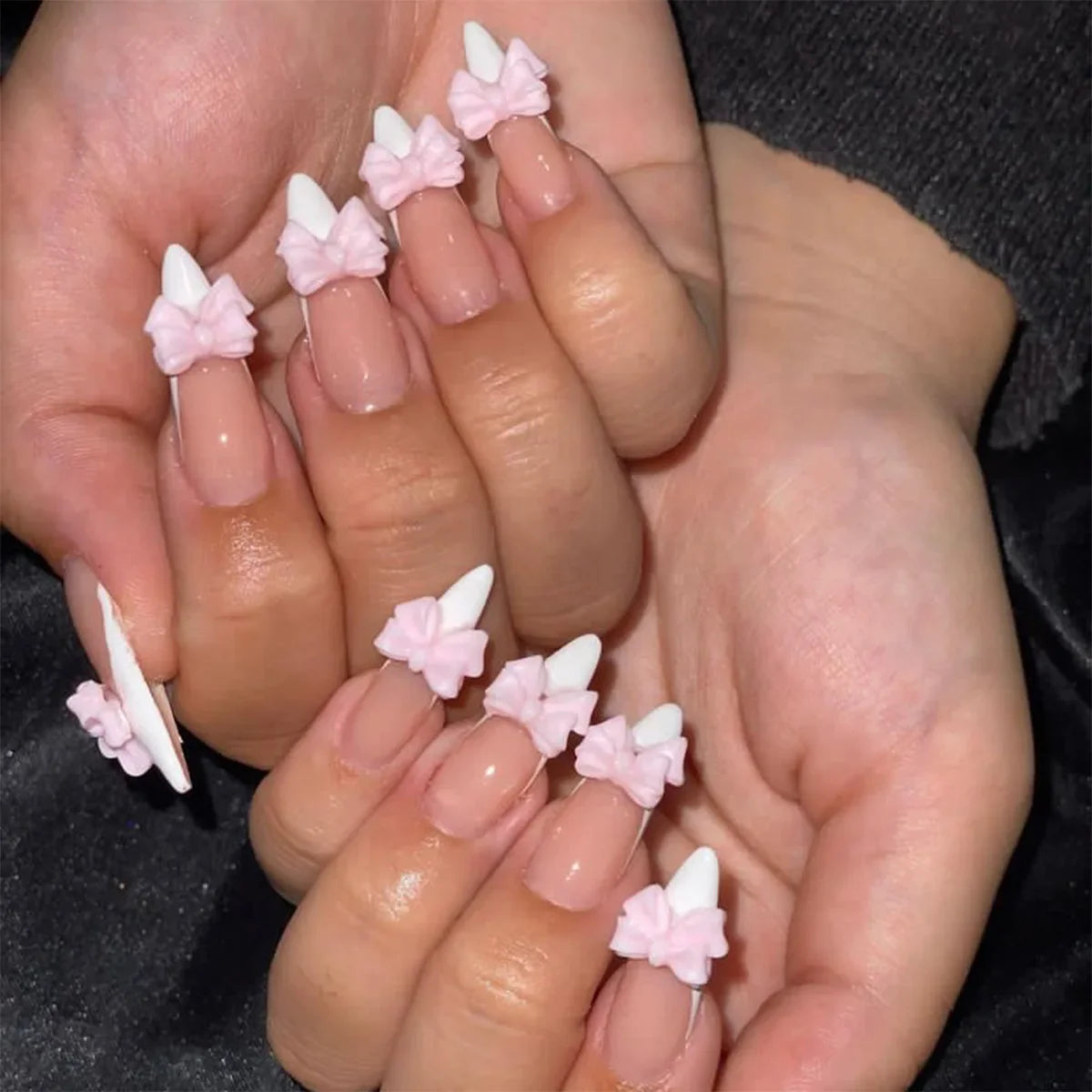 maoxiangshop 24Pcs False Nails With Glue Almond Pink Butterfly Design Detachable Rhinestones Acrylic Fake Nails long stiletto Press On Nails
