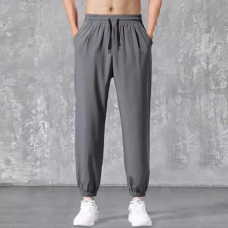 maoxiangshop Men's Summer Thin Ice Silk Quick Dry New Loose Sports Trend All Tie Feet Casual Pants Sweatpants 90s Vintage Clothes