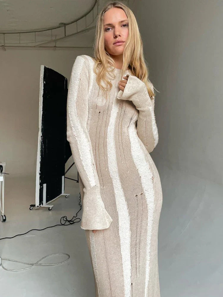 maoxiangshop - Autumn Winter Long Knitted Dress Round Neck Long Sleeve Hole Bodycon Dress Elegant Party Evening Khaki Maxi Dresses for Women