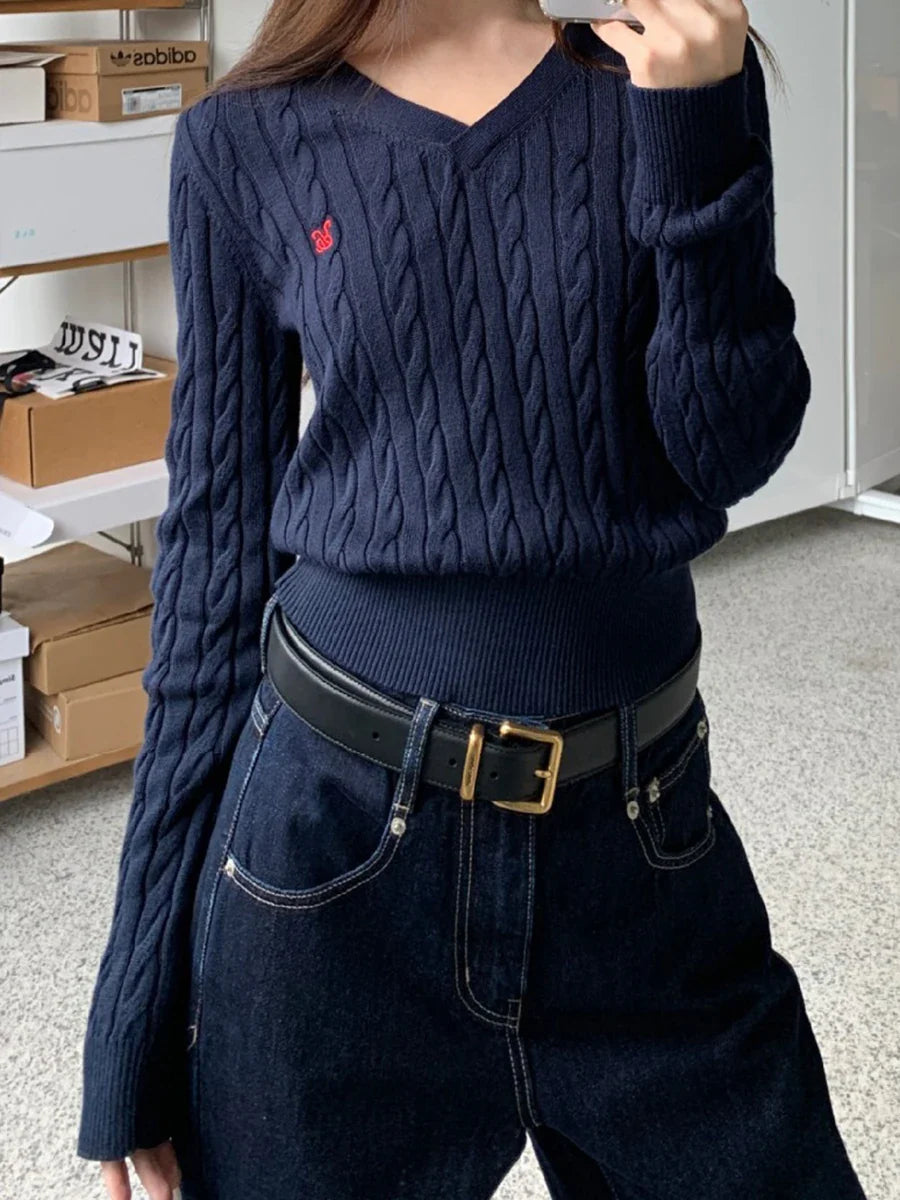 maoxiangshop - Twisted Flower Embroidery Slim Sweater Women Chic Long Sleeve V Neck Jumpers Autumn New Vintage Fashion Casual Knitted Pullover