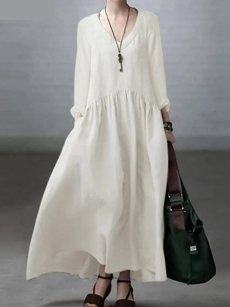 maoxiangshop Autumn Long Sleeve V-Neck Mid-Calf Length Sundress Women Solid Color Baggy Dress Pure Cotton Holiday Loose Dresses