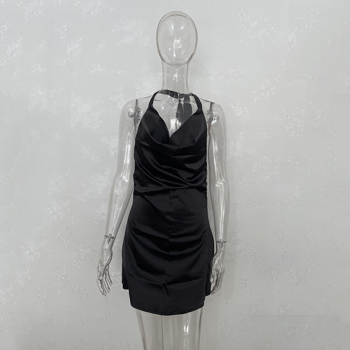 maoxiangshop Satin Sexy Backless Bandage Bodycon Mini Dresses Women Solid Halter Dress Party Night Club Vestidos Streetwear Summer
