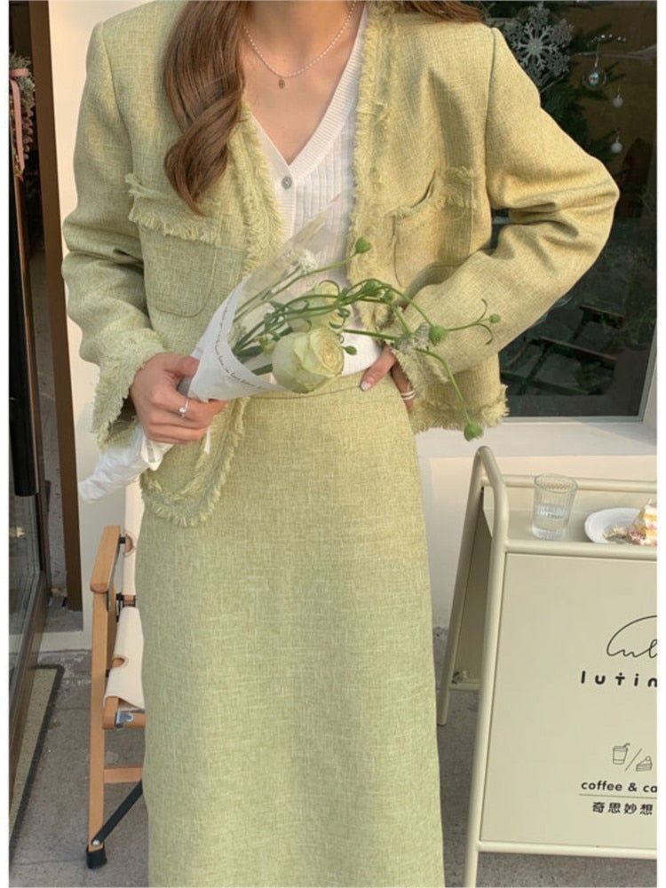 maoxiangshop Spring Green Tweed Two Piece Set Women Skirt Korean Fashion Long Sleeve Jacket + Midi Skirt Suits Vintage Femme 2 Pieces Outfits