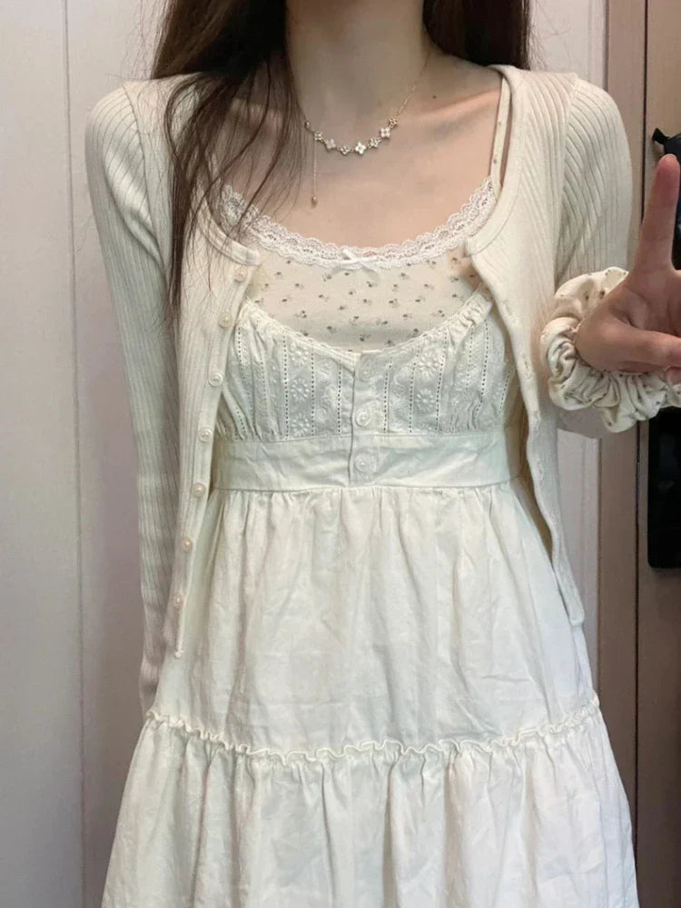 maoxiangshop 2 Casual Women White Front Buttons Lace Spliced Sling Dress Summer Vintage Square Collar Sleeveless Female Chic Bottoms
