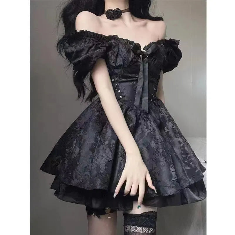 Gothic Black Mini Dress Women Vintage Sexy Spaghetti Strap High Waist Dresses 90s Egirl Punk Grunge Slim Party Club Dress Women