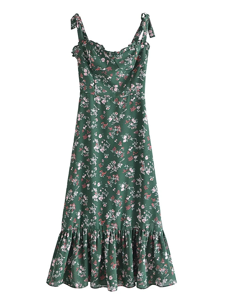2022 Summer New Lace Up Bowknot Strap High Waist French Vintage Printed Ruffle Dress Female Fashion Midi Dresses Women