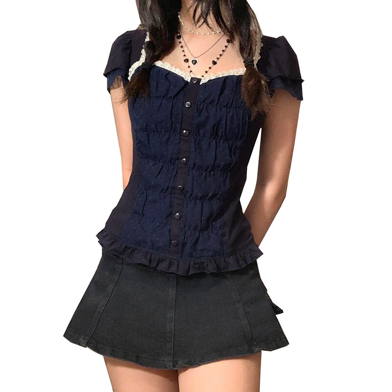 maoxiangshop y2k Aesthetic Lace Tops Fairy Grunge Women Short Sleeve Drawstring Tshirt Off Shoulder Clothes Korean Fashion T Shirt Streetwear
