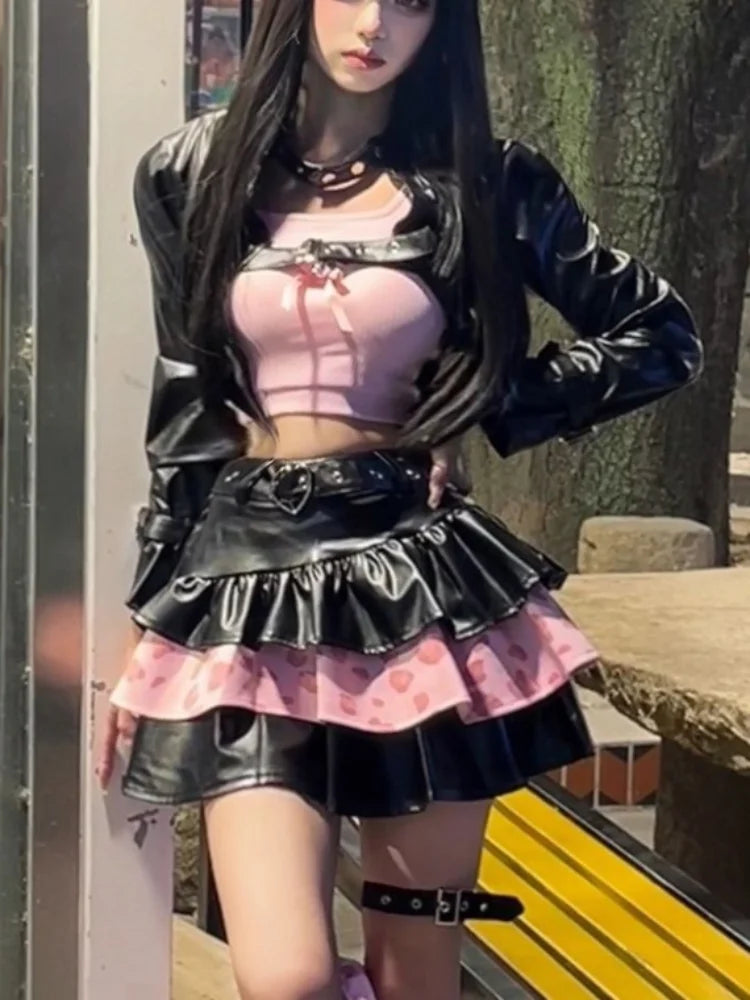 maoxiangshop - Black Sexy Party 3 Piece Set Women Autumn Casual Lolita Print Cake Skirt Suit Female Korean Black Coat+Cute Tops+Sweet Skirt