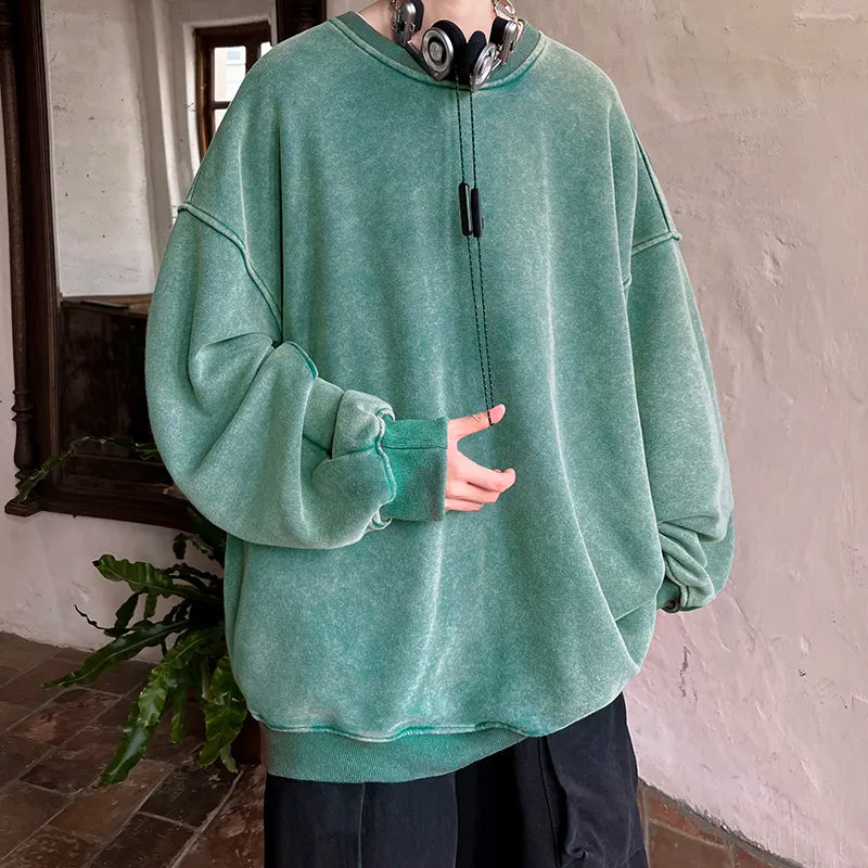 maoxiangshop American Washed Old Pullovers Sweatshirts Men Loose Solid Color Autumn Large Size Warm O Neck Tops Hip Hop Y2k Sweatshirt