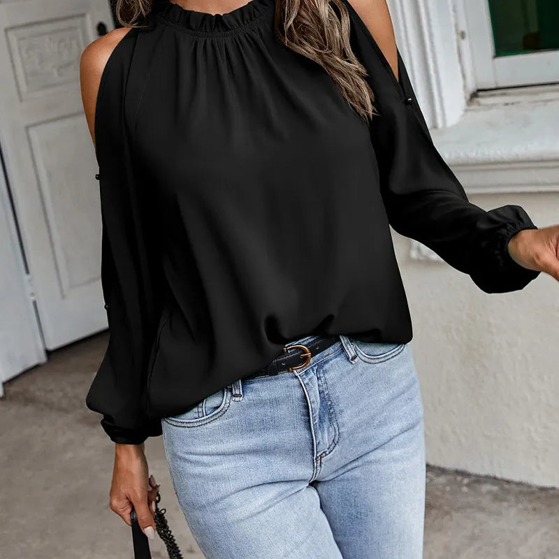 maoxiangshop Autumn and Winter New Women's Clean Color Lotus Leaf Round Neck Long Sleeve Pleated Off Shoulder Fashion Women's Top
