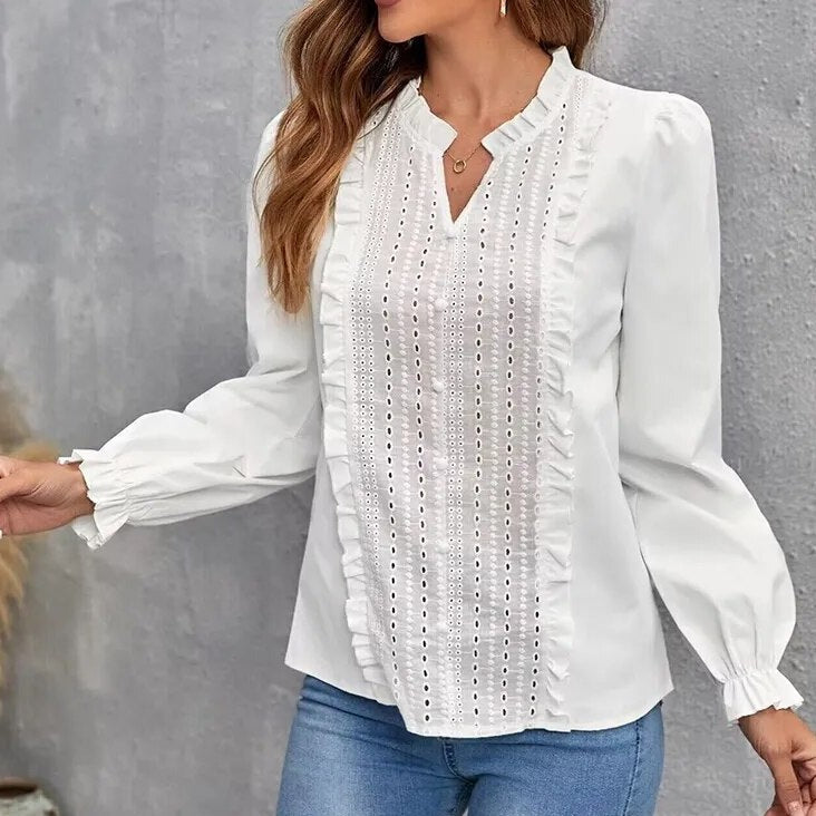 maoxiangshop Elegant Lace Stitching Women's Autumn Blouses Fashion Puff Long Sleeve Top Casual White Shirt Youth Woman Blouses