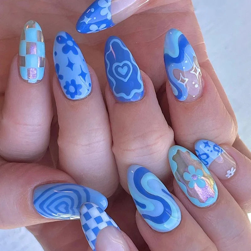 maoxiangshop 24Pcs Blue Flower False Nails Almond Cute Heart with French Design Detachable Fake Nails Artificial Press on Nails Tips Art