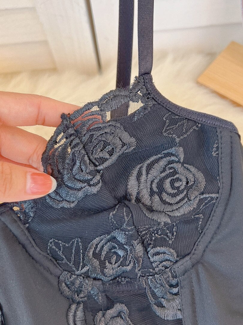 maoxiangshop Sexy See Through Mesh Bustier Top Women Fashion Summer Black Camis Floral Embroidery Fishbone Skinny Club Party Crop Tops