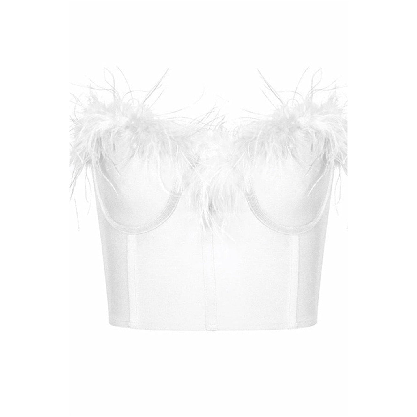maoxiangshop Women Tube Tops Solid Color Feather Furry Trim Sleeveless Off Shoulder Backless Back Zipper Slim Fit Crop Tops