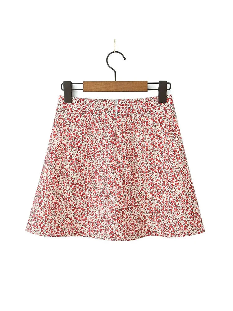 maoxiangshop - Cute Flower Print Ladies Summer A-Line Black Mini Skirts 2024 Girls Casual Zipper Fly Pink Short Skirt