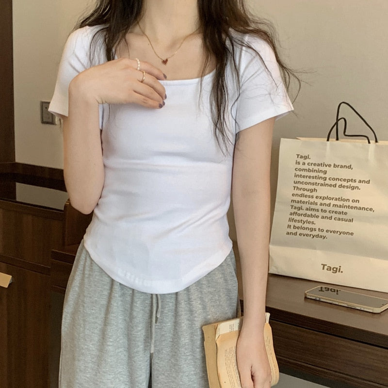 maoxiangshopWomen Long Sleeve Square Neck T-Shirt Spring And Autumn New Irregular Hem Slim Casual Top Girl Bottom Shirts